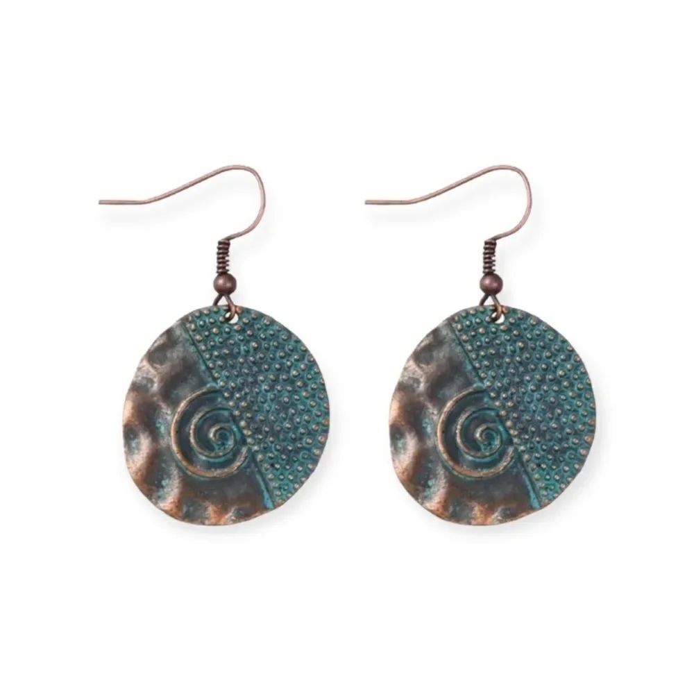 Round Textured Hammered Beaded Swirls Patina Hanging Earrings Jewelry NEW